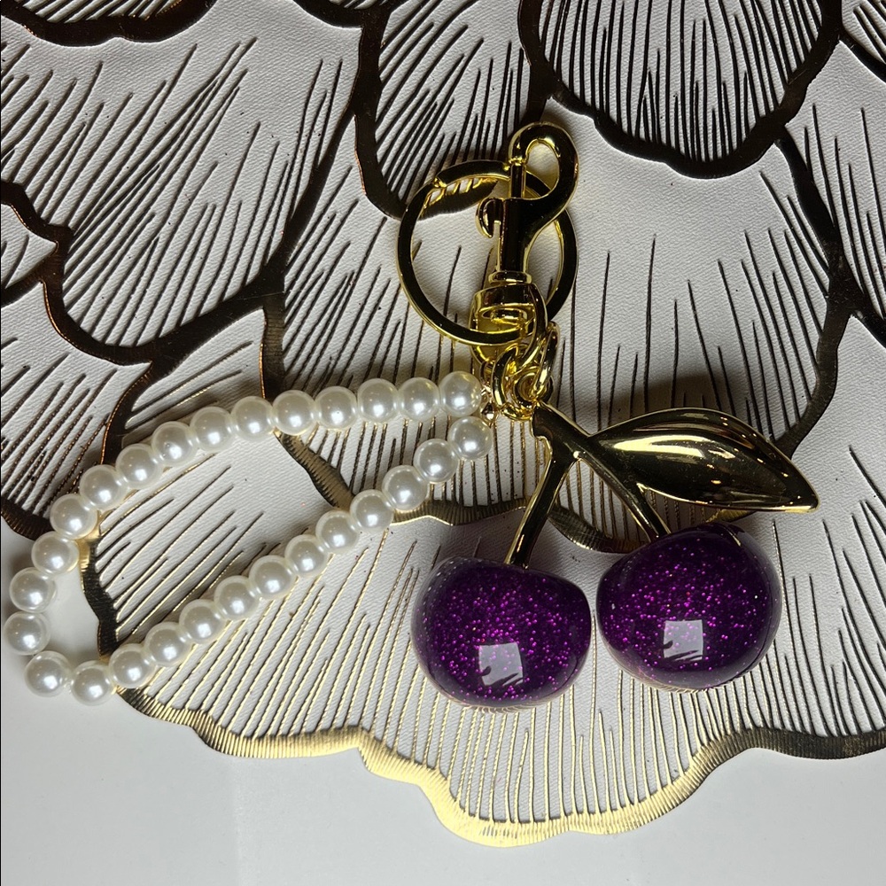 Deep Purple Cherry Keychain with Pearl details NWOT - Picture 8 of 13